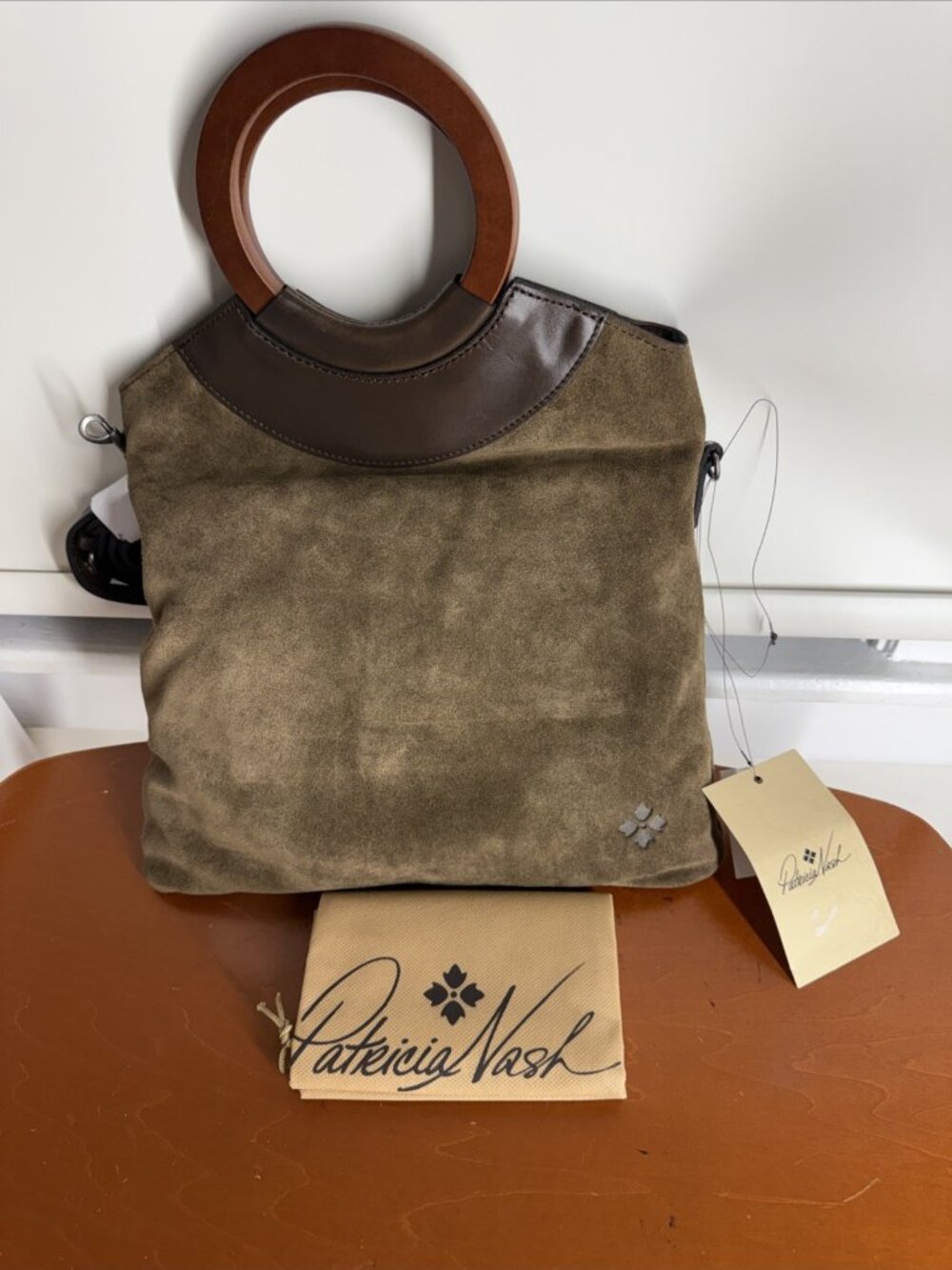 NWT Patricia Nash Suede Varisella Flap Over Crossbody Mushroom wooden handles